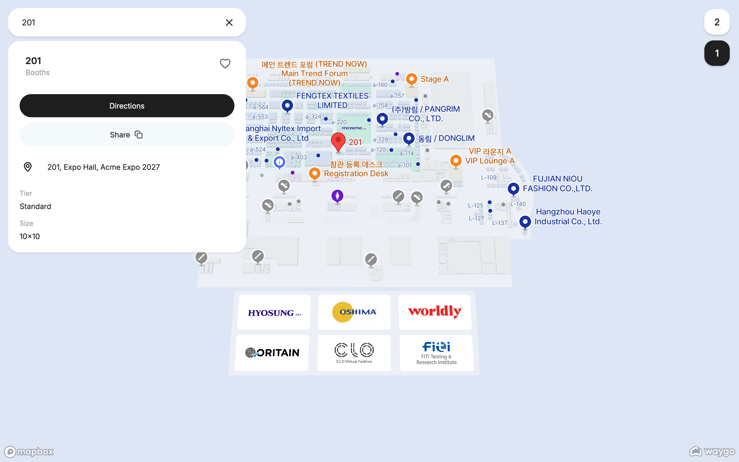 The public map with one place selected: its details panel with name, catalog, description and the Directions button