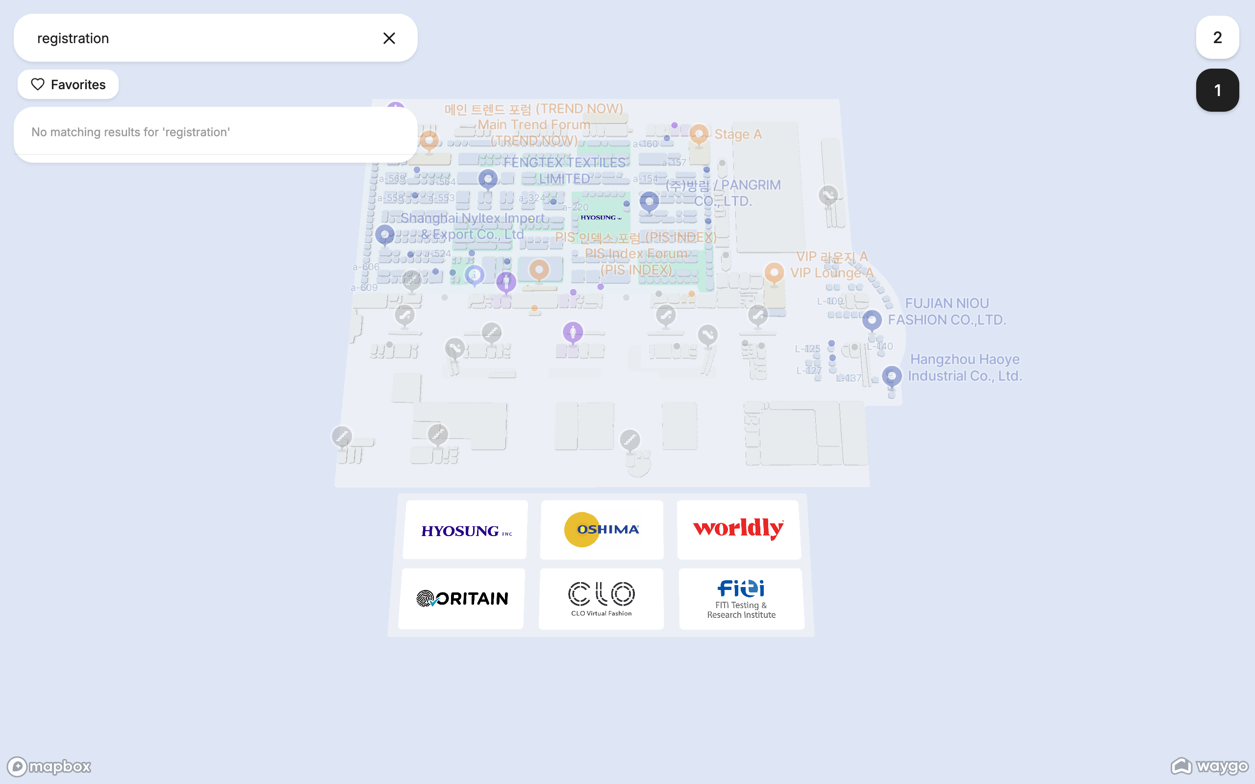 The public map with a search run: matching places listed and highlighted on the floor plan