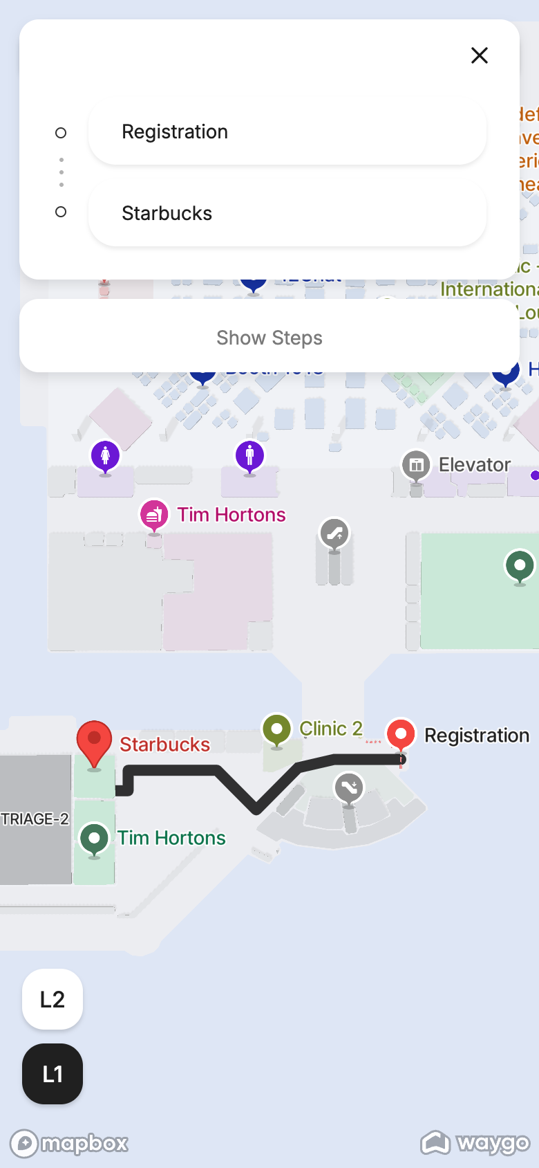 Directions on a phone: the route drawn on the floor plan and the step list